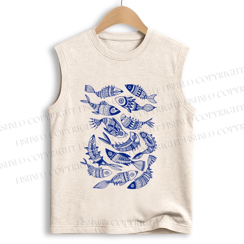 Unisex Vintage Fish Graffiti Printed Cotton Tank Top
