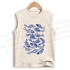 Unisex Vintage Fish Graffiti Printed Cotton Tank Top