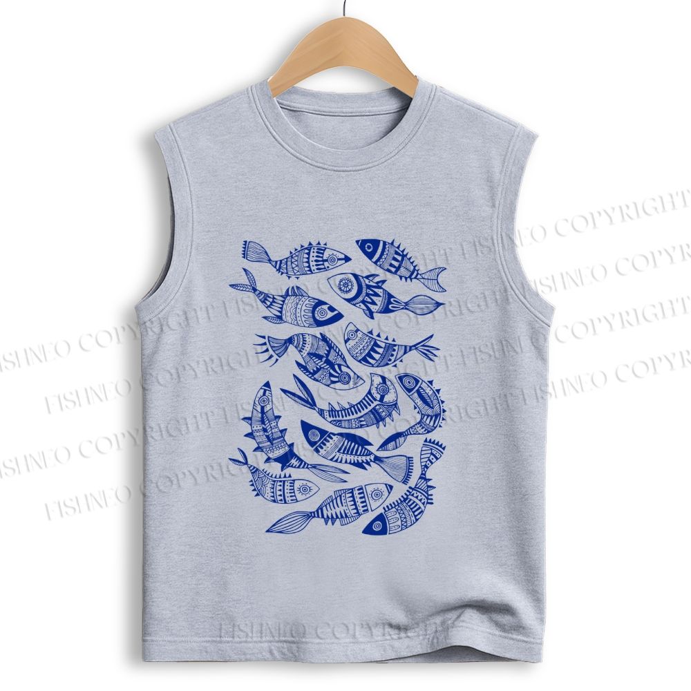 Unisex Vintage Fish Graffiti Printed Cotton Tank Top