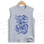 Unisex Vintage Fish Graffiti Printed Cotton Tank Top
