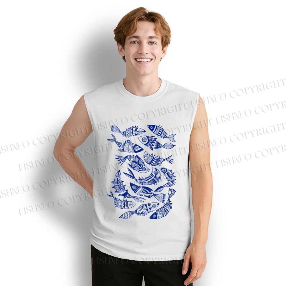 Unisex Vintage Fish Graffiti Printed Cotton Tank Top