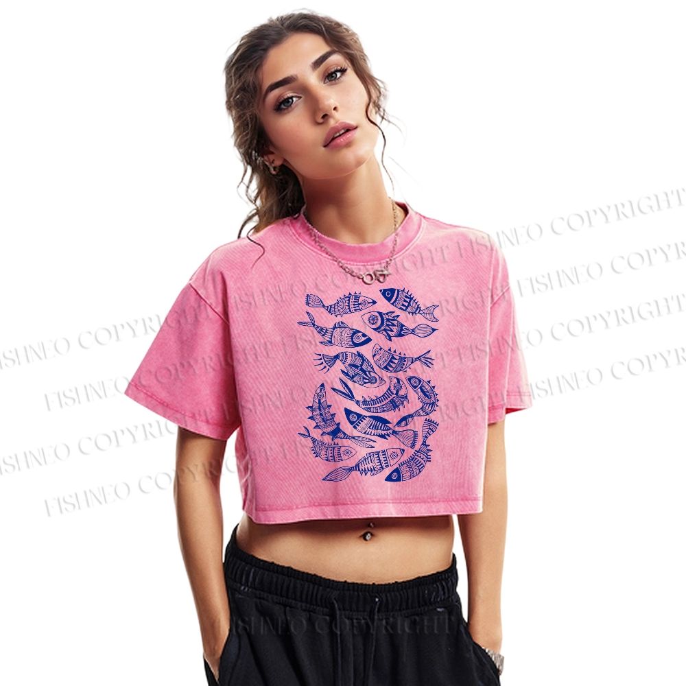 Vintage Fish Graffiti Washed Cropped T-Shirt