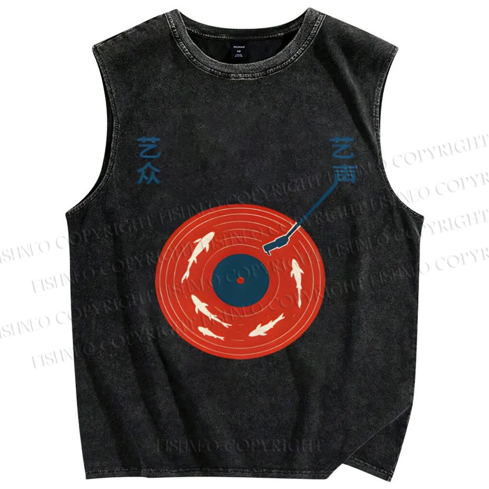 Unisex Fish Record Player Printed Washed Tank Top
