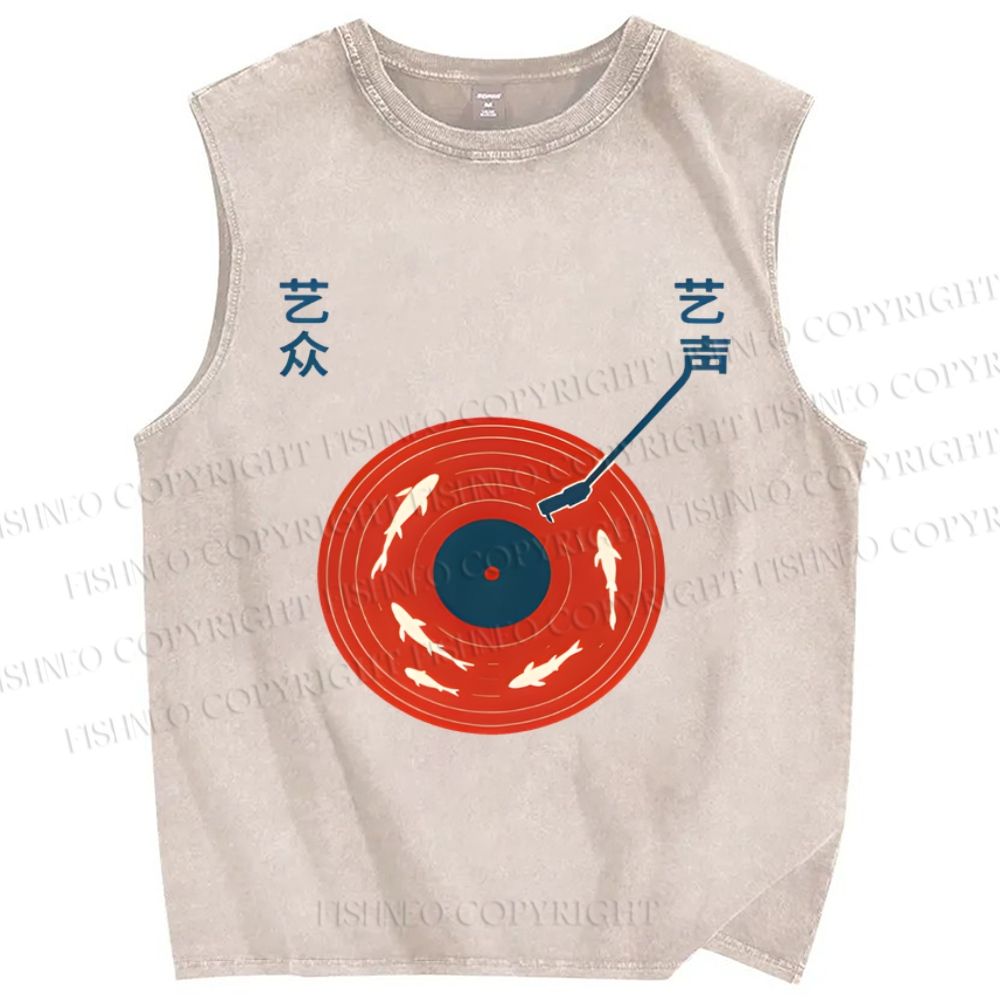 Unisex Fish Record Player Printed Washed Tank Top
