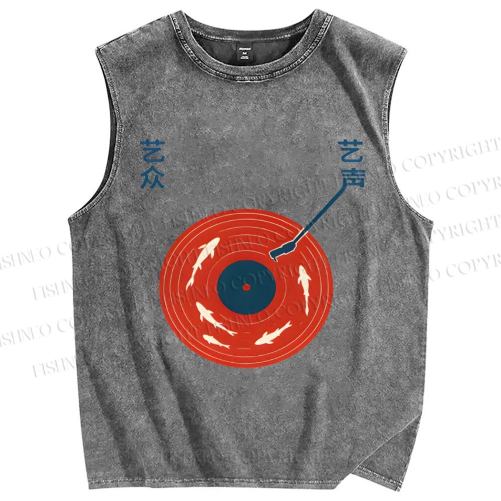 Unisex Fish Record Player Printed Washed Tank Top
