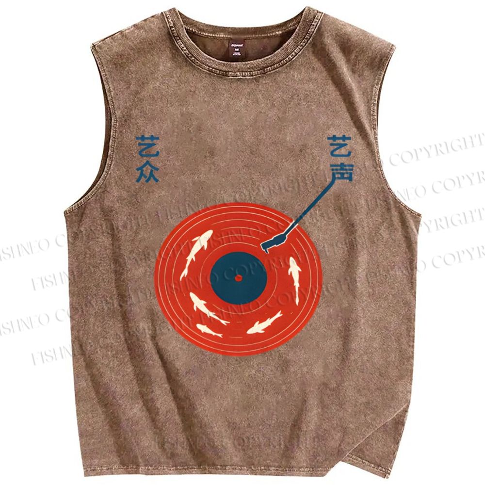 Unisex Fish Record Player Printed Washed Tank Top
