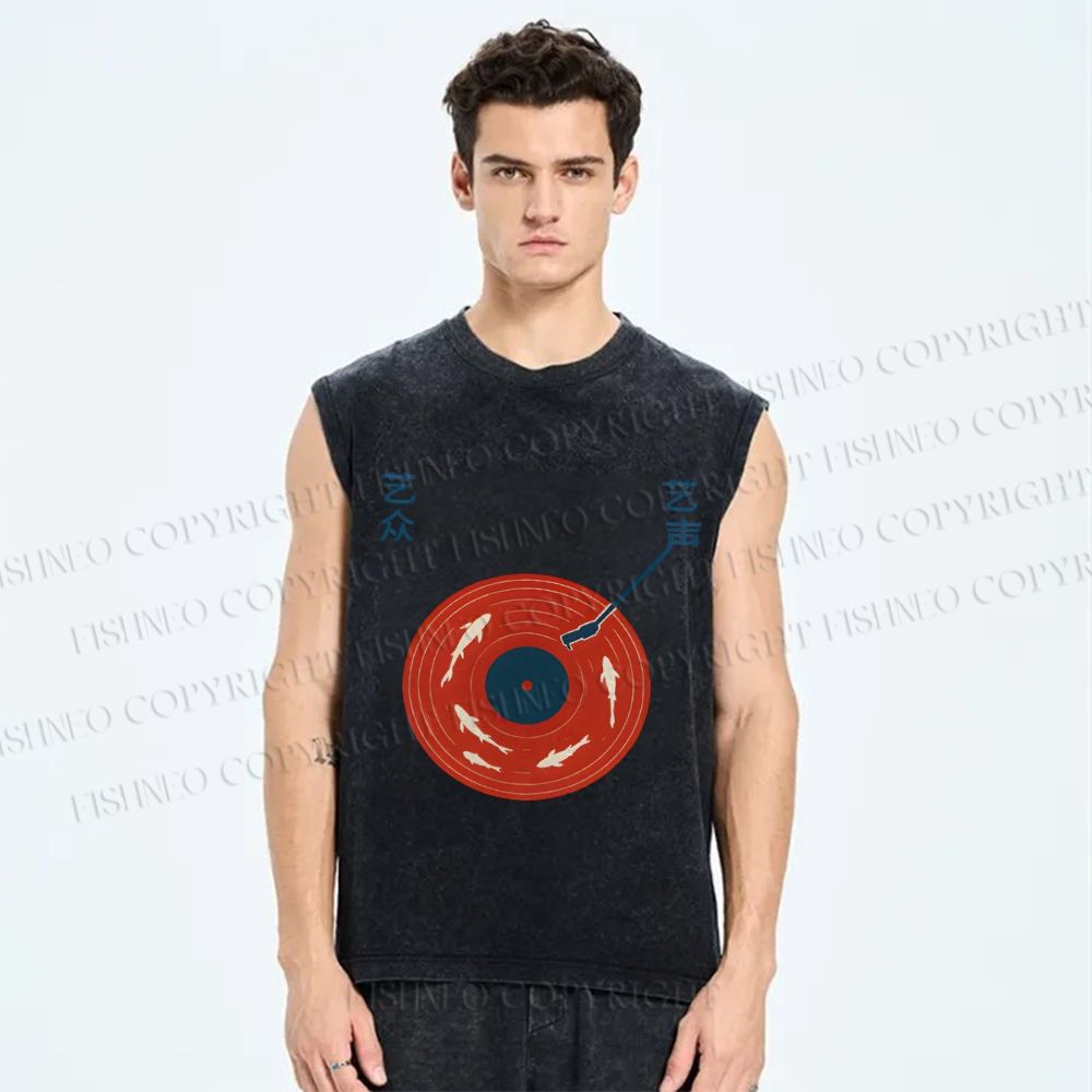 Unisex Fish Record Player Printed Washed Tank Top