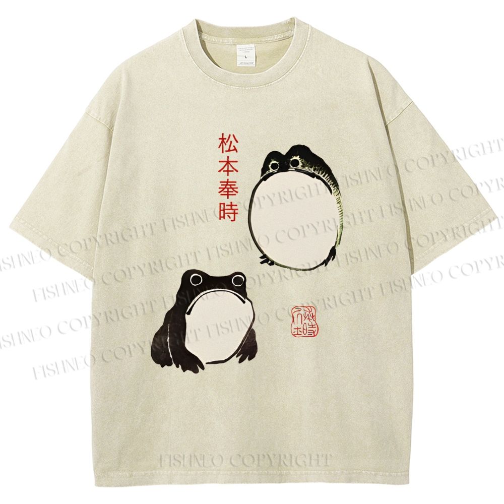 Unisex Japanese Frog Printed Washed Tee