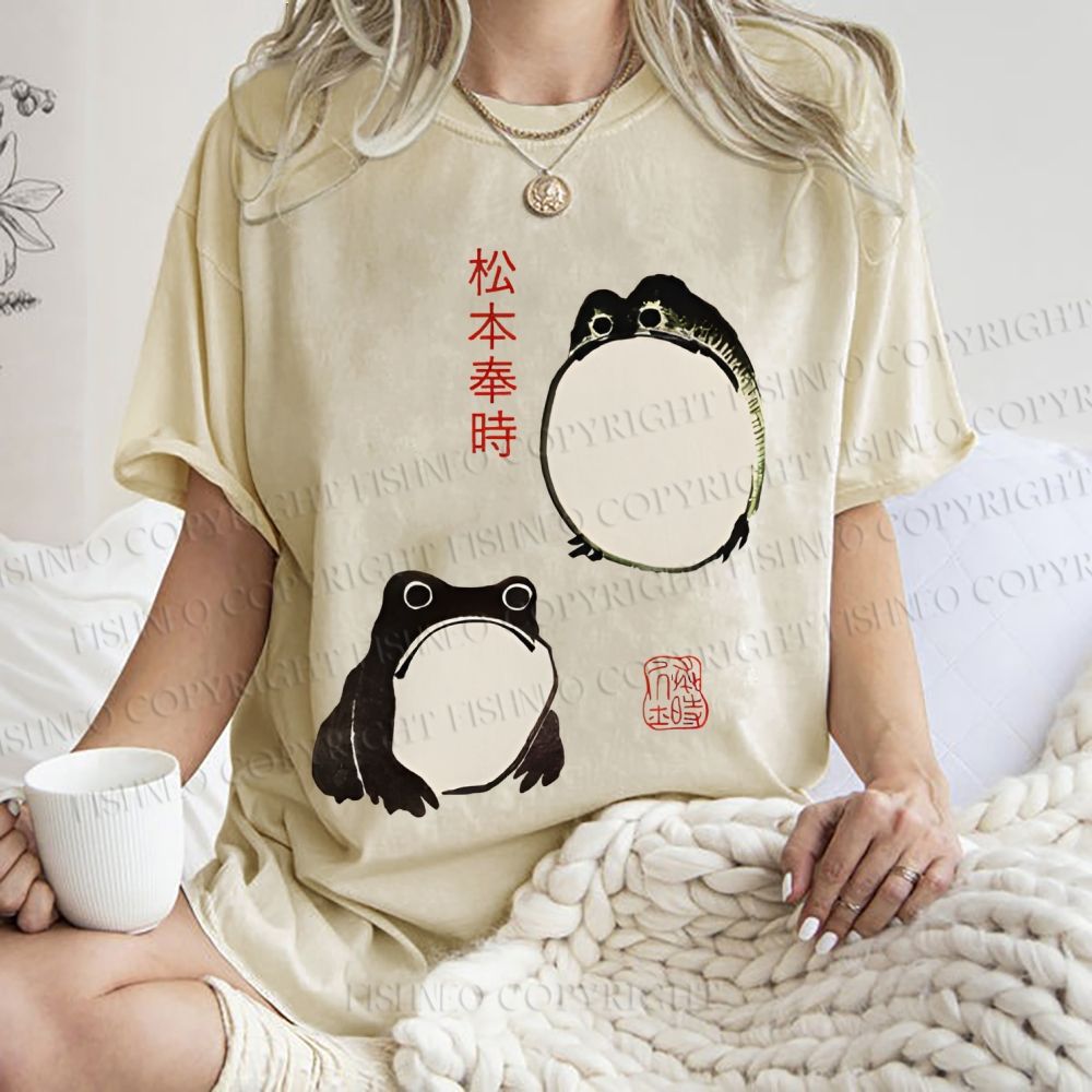 Unisex Japanese Frog Printed Washed Tee