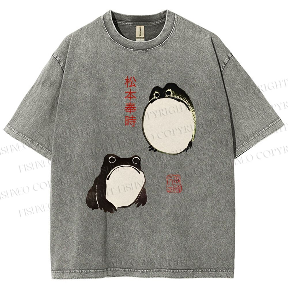 Unisex Japanese Frog Printed Washed Tee