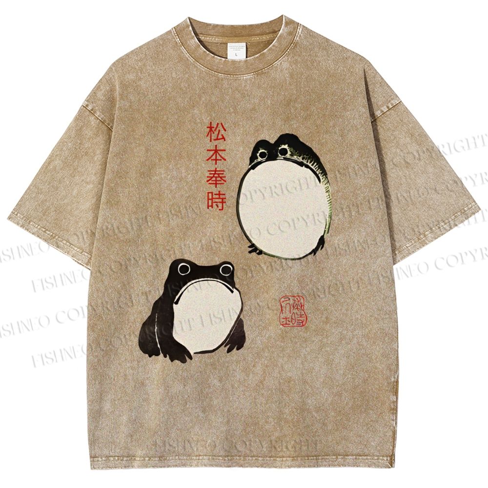 Unisex Japanese Frog Printed Washed Tee