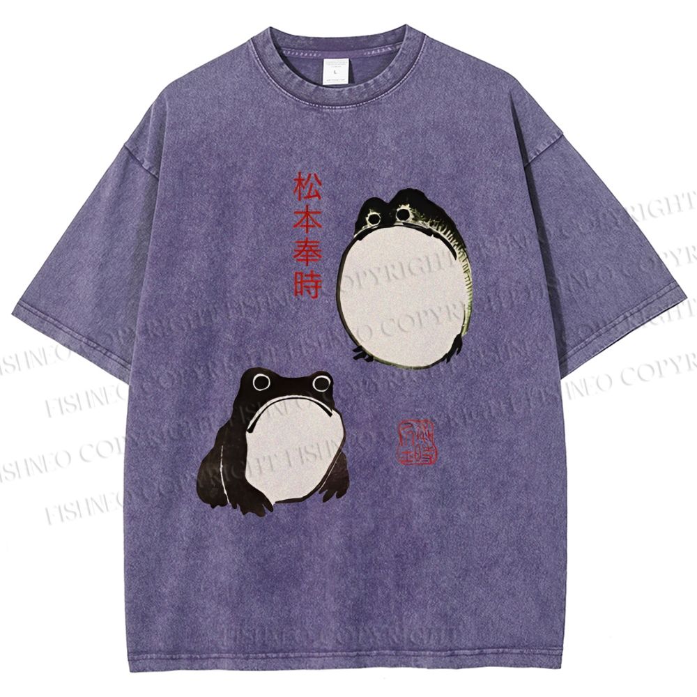 Unisex Japanese Frog Printed Washed Tee