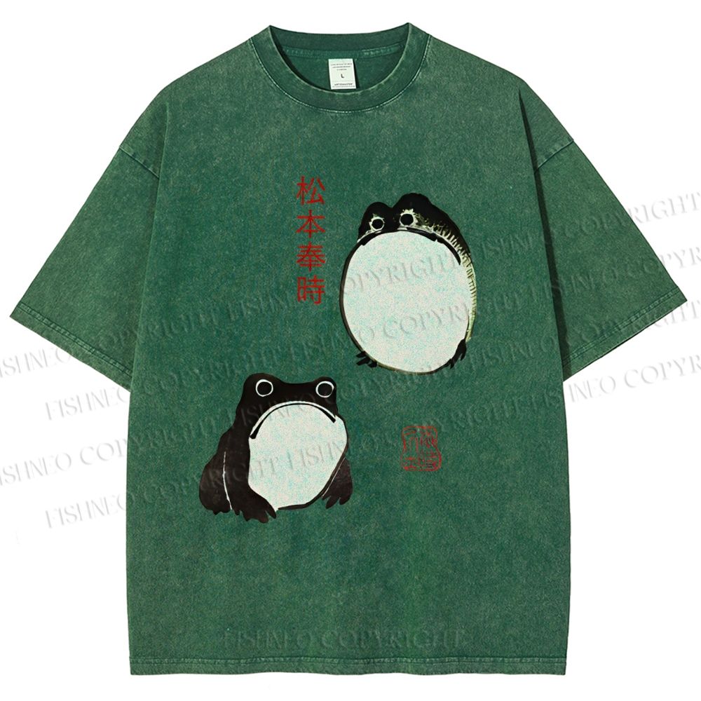Unisex Japanese Frog Printed Washed Tee