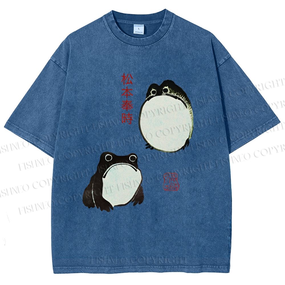 Unisex Japanese Frog Printed Washed Tee