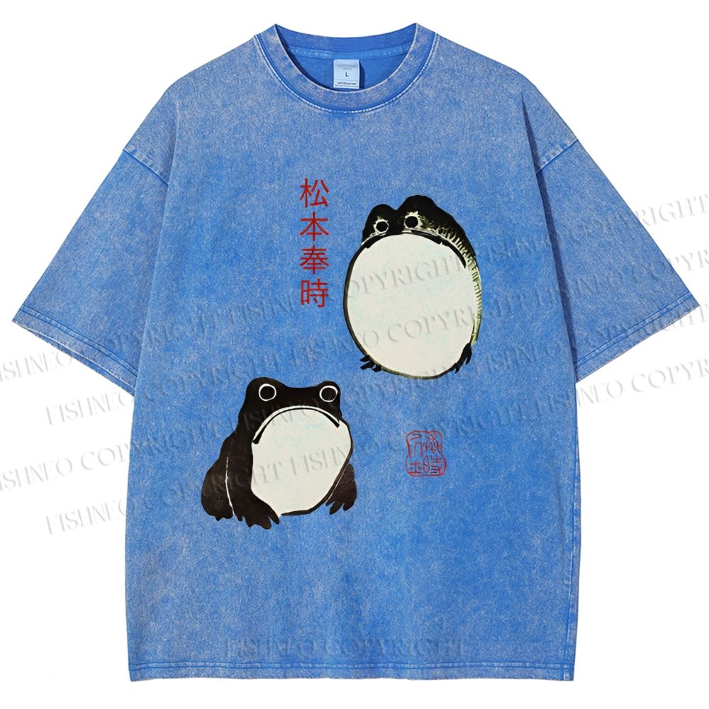 Unisex Japanese Frog Printed Washed Tee