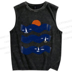 Unisex Fish Sunrise Ocean Wave Printed Washed Tank Top