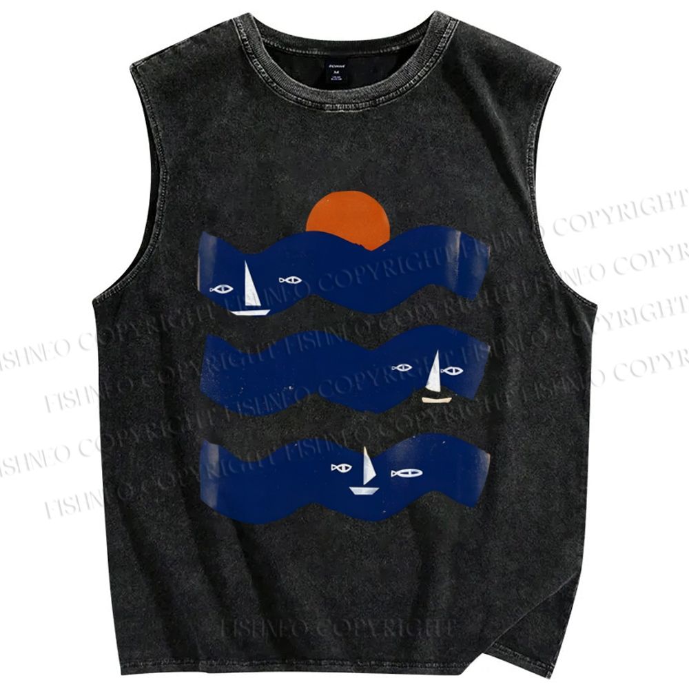 Unisex Fish Sunrise Ocean Wave Printed Washed Tank Top