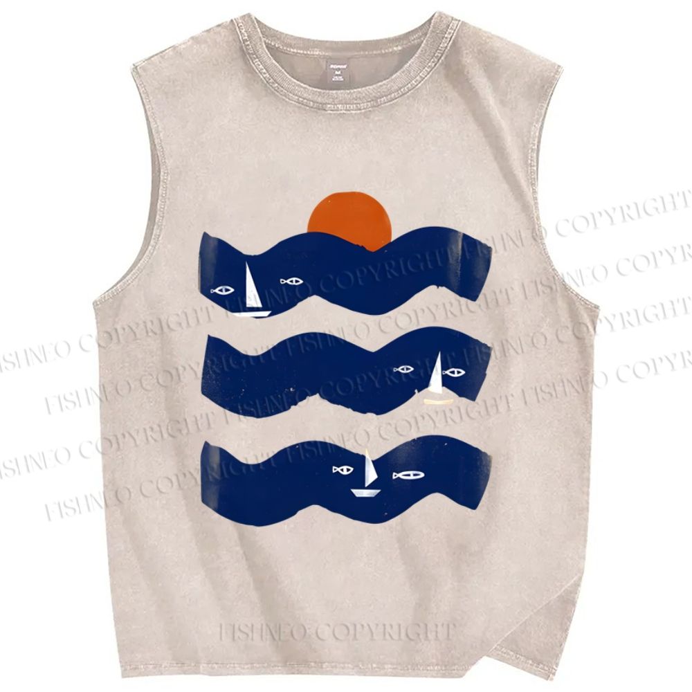 Unisex Fish Sunrise Ocean Wave Printed Washed Tank Top