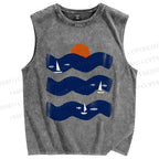 Unisex Fish Sunrise Ocean Wave Printed Washed Tank Top