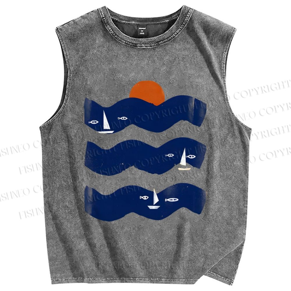 Unisex Fish Sunrise Ocean Wave Printed Washed Tank Top