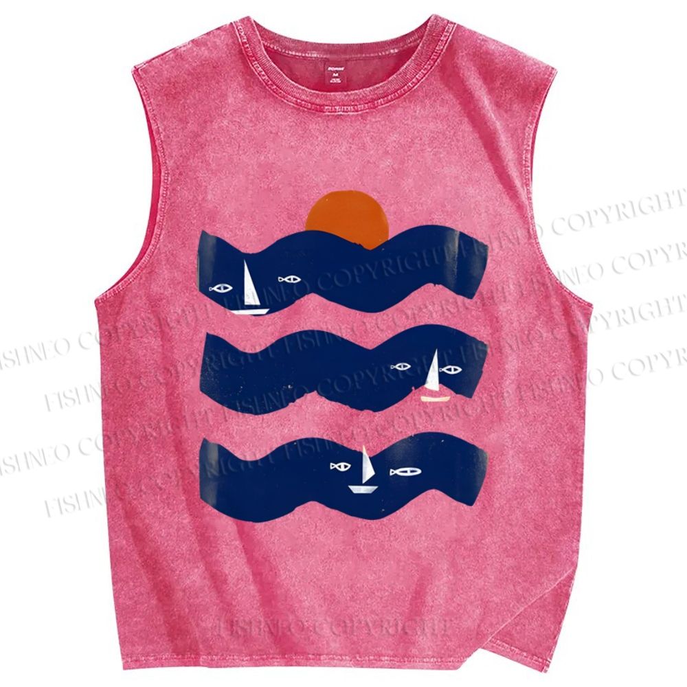 Unisex Fish Sunrise Ocean Wave Printed Washed Tank Top