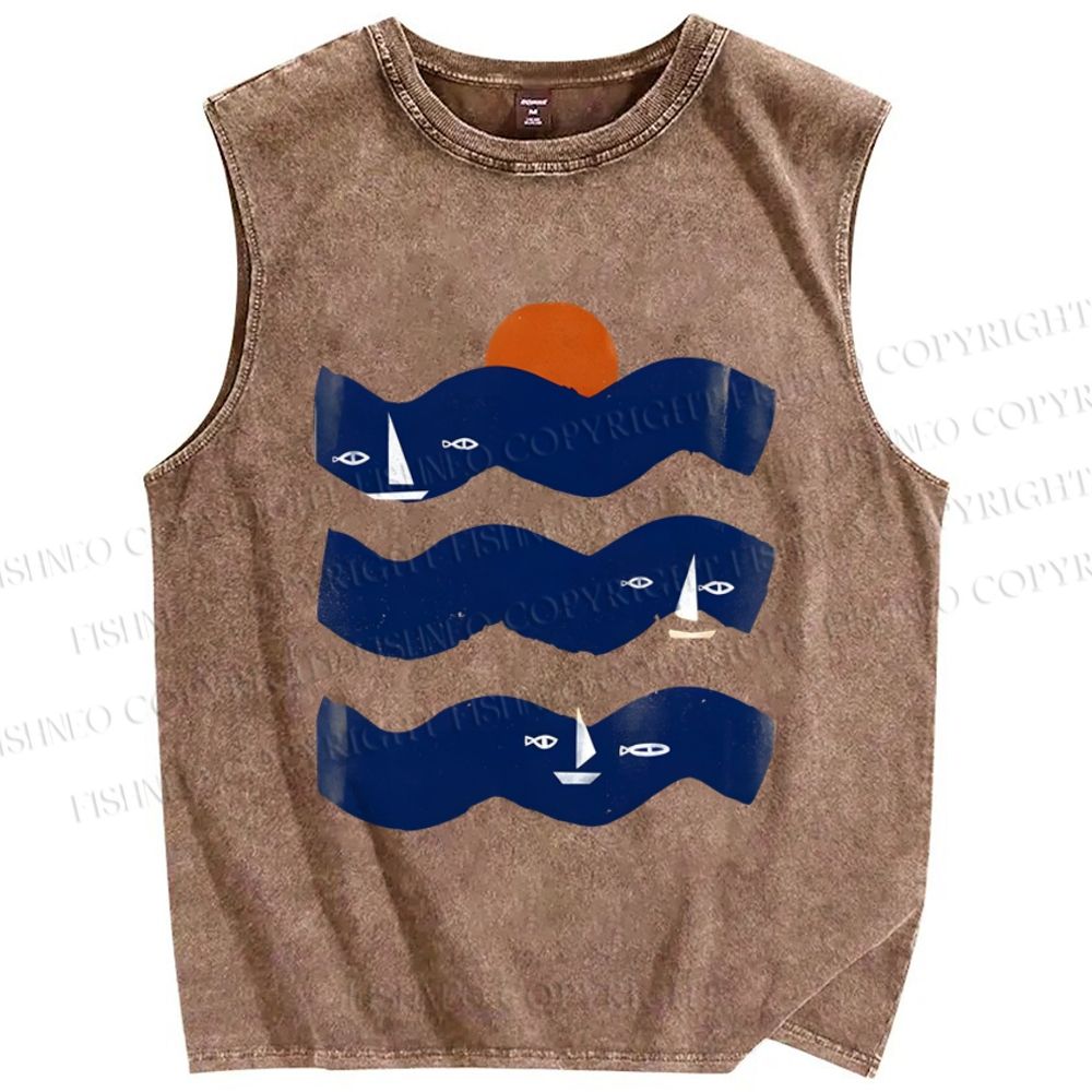 Unisex Fish Sunrise Ocean Wave Printed Washed Tank Top