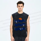 Unisex Fish Sunrise Ocean Wave Printed Washed Tank Top
