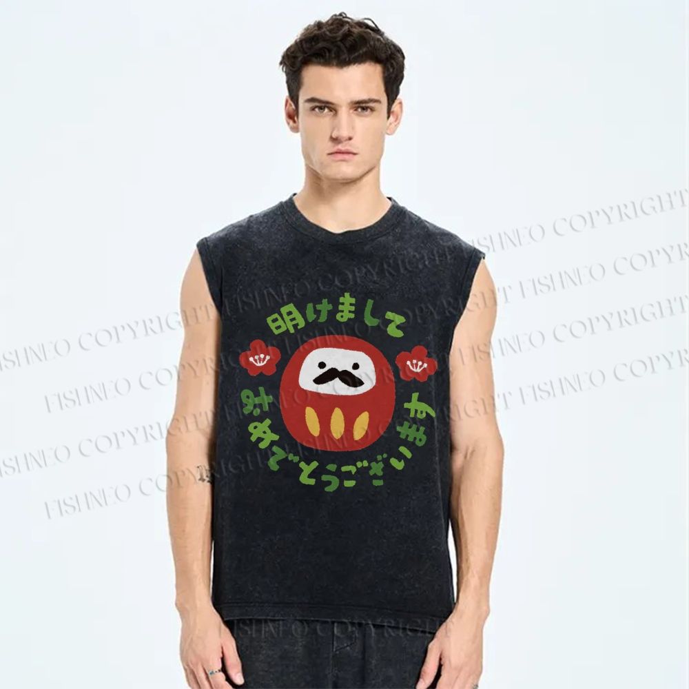 Unisex Daruma Printed Washed Tank Top