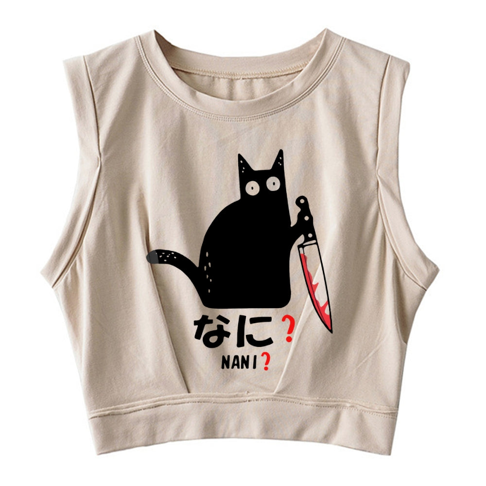 A Puzzled Cat Holding A Knife Sleeveless Crop Top