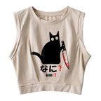 A Puzzled Cat Holding A Knife Sleeveless Crop Top