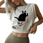 A Puzzled Cat Holding A Knife Sleeveless Crop Top