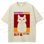 Unisex Japanese Fortune Cat Printed Washed Tee