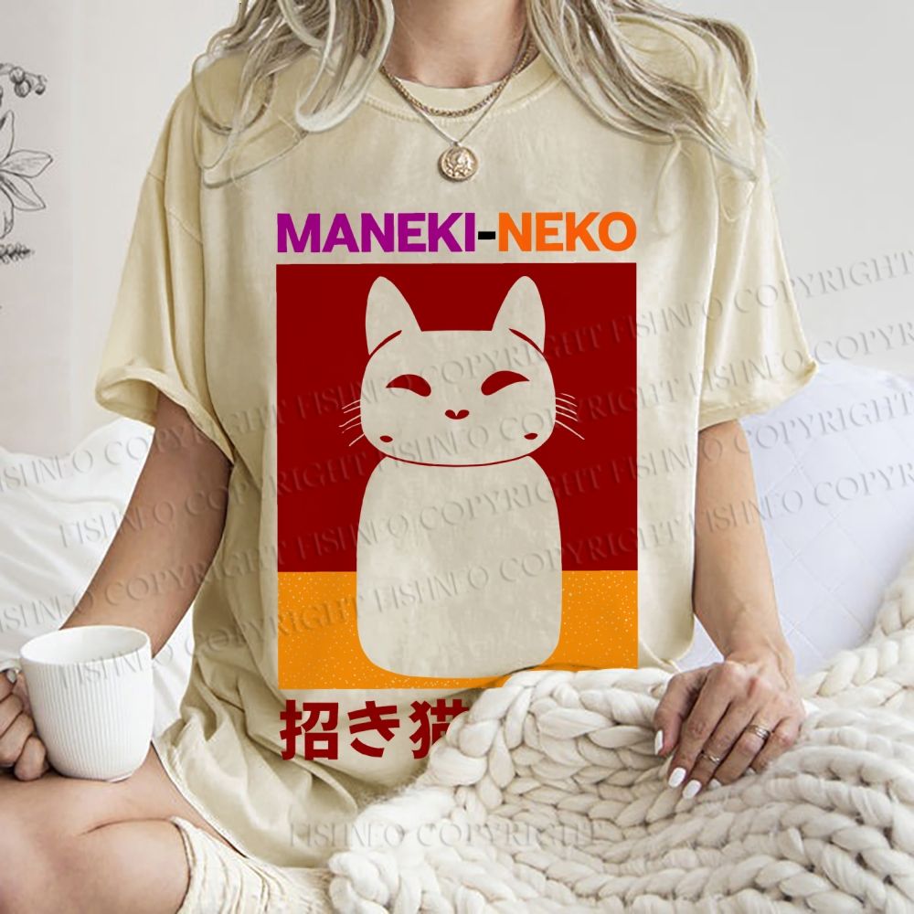 Unisex Japanese Fortune Cat Printed Washed Tee
