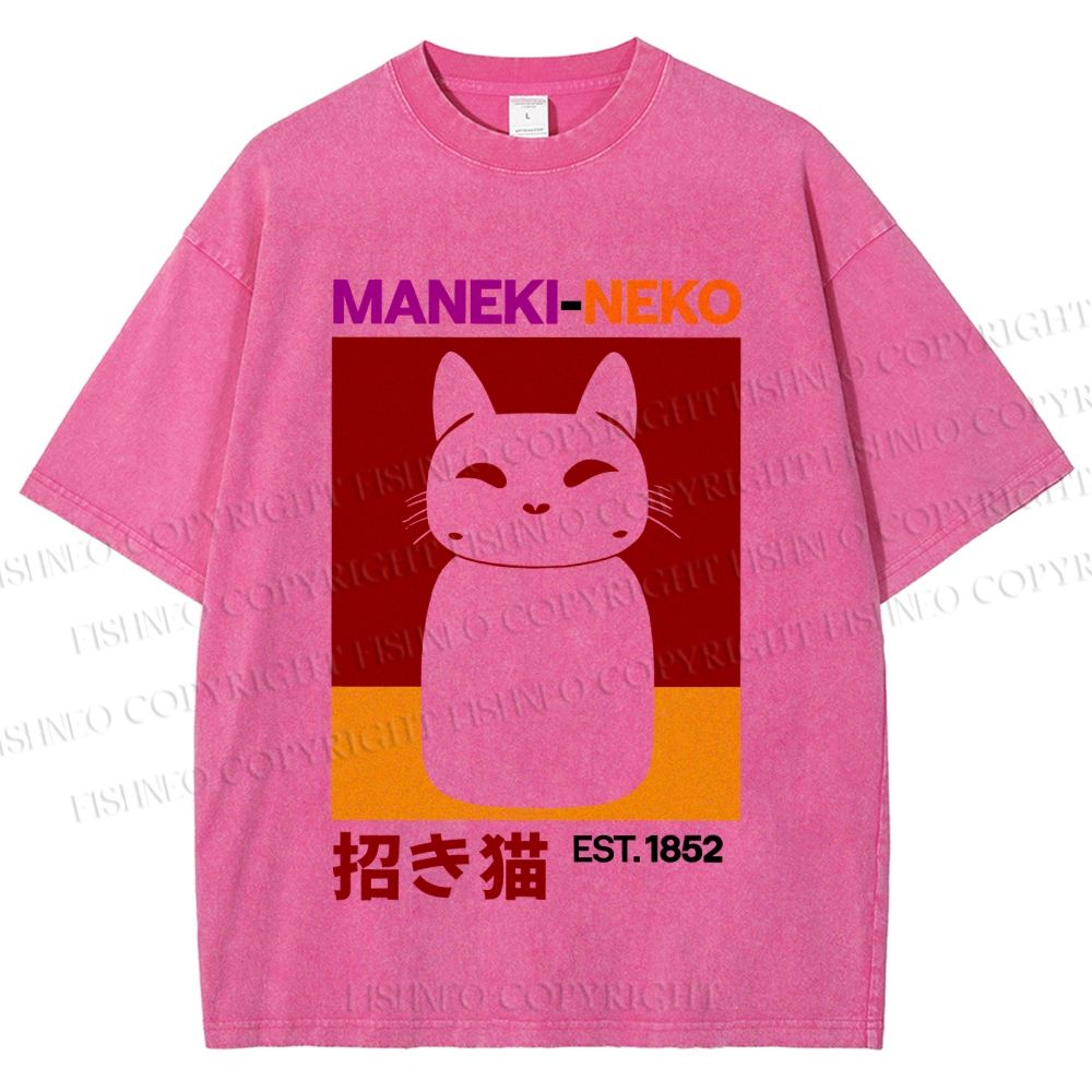 Unisex Japanese Fortune Cat Printed Washed Tee
