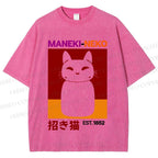 Unisex Japanese Fortune Cat Printed Washed Tee