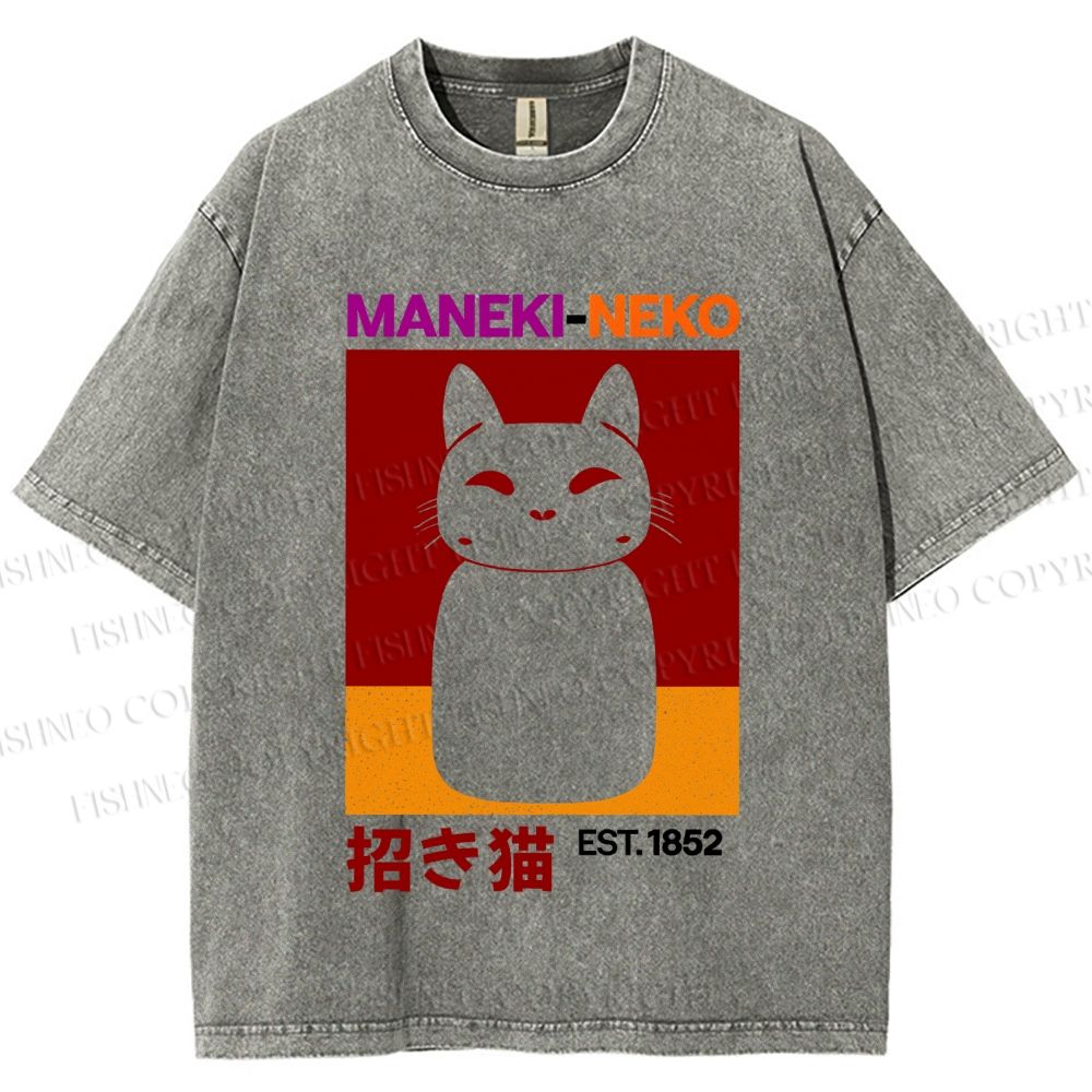 Unisex Japanese Fortune Cat Printed Washed Tee