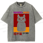 Unisex Japanese Fortune Cat Printed Washed Tee
