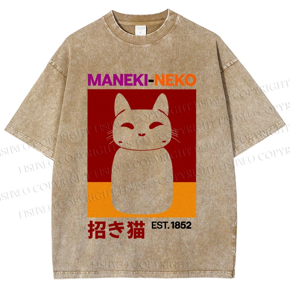 Unisex Japanese Fortune Cat Printed Washed Tee
