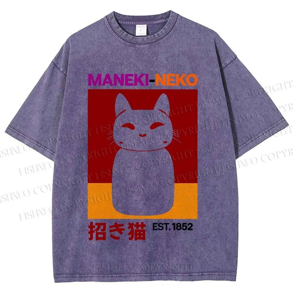 Unisex Japanese Fortune Cat Printed Washed Tee
