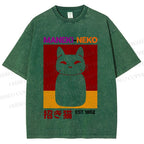 Unisex Japanese Fortune Cat Printed Washed Tee