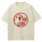Unisex Sleepy Cat Stamp Printed Washed Tee