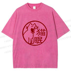 Unisex Sleepy Cat Stamp Printed Washed Tee