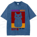 Unisex Japanese Fortune Cat Printed Washed Tee