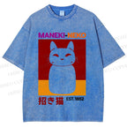Unisex Japanese Fortune Cat Printed Washed Tee