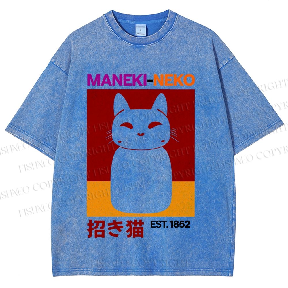 Unisex Japanese Fortune Cat Printed Washed Tee