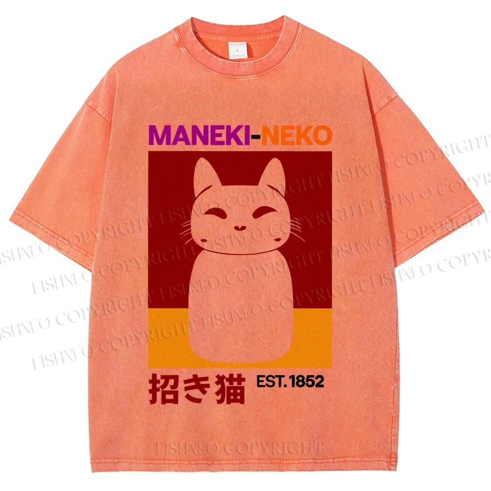 Unisex Japanese Fortune Cat Printed Washed Tee