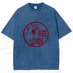 Unisex Sleepy Cat Stamp Printed Washed Tee