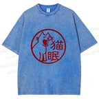 Unisex Sleepy Cat Stamp Printed Washed Tee