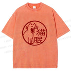 Unisex Sleepy Cat Stamp Printed Washed Tee