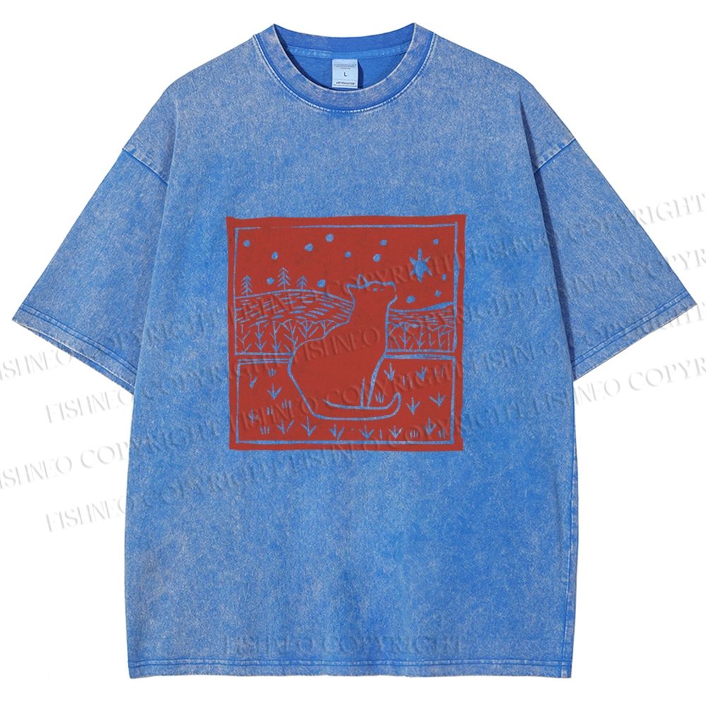 Unisex Vintage Cat  Printed Washed Tee